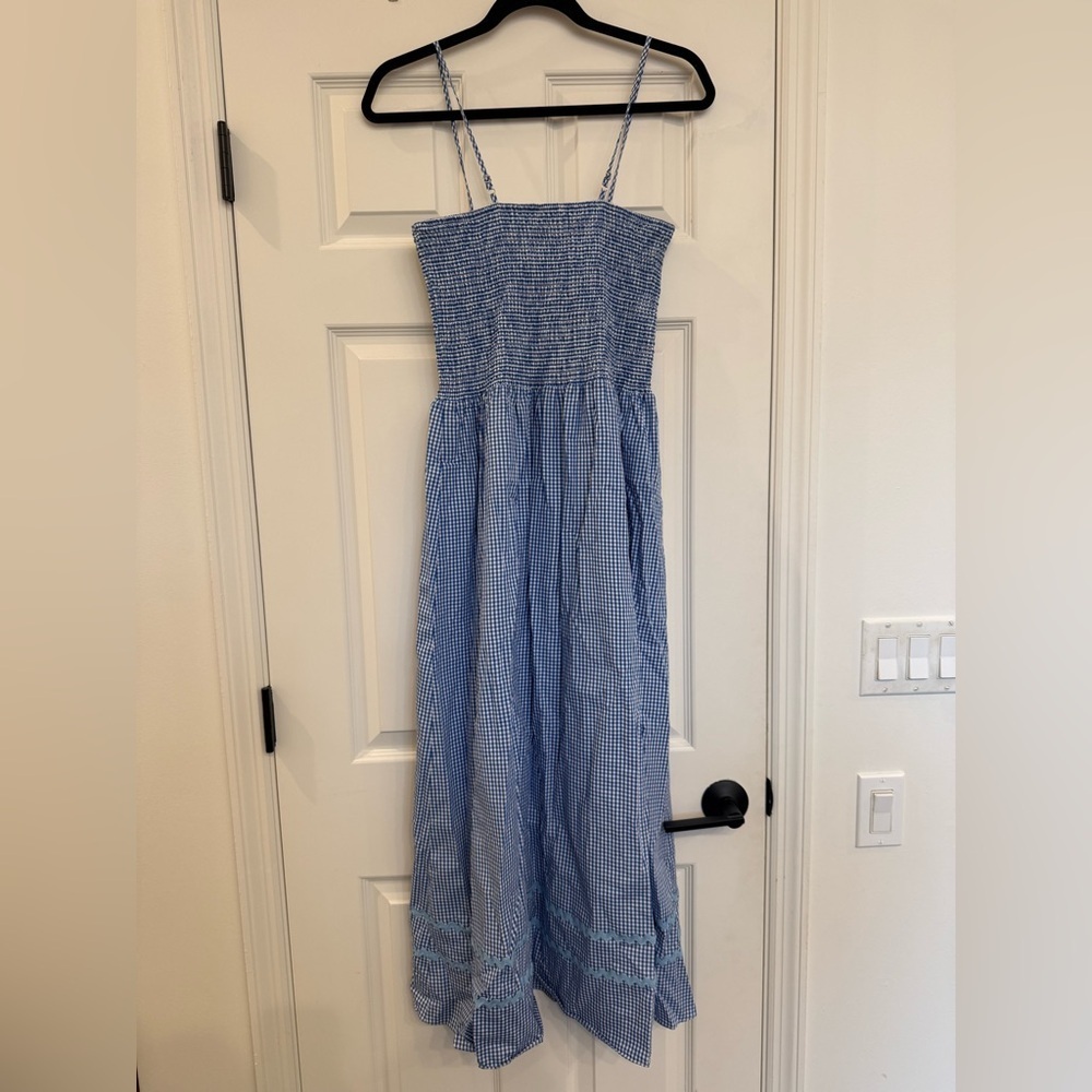 Sail to Sable STS Blue White Gingham RicRac Midi Maxi Smocked Strapless Dress L - Picture 3 of 7